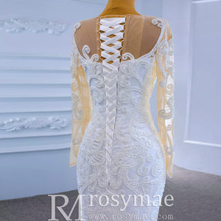 Beaded Sheer Neck Mermaid Wedding Dresses with Long Sleeves