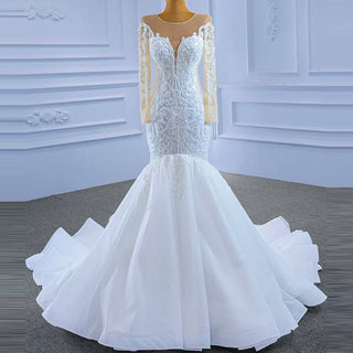 Beaded Sheer Neck Mermaid Wedding Dresses with Long Sleeves