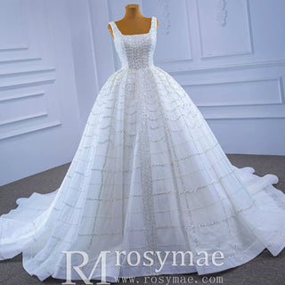 Square Neck Beaded Luxury Ball Gown Puffy Wedding Dress