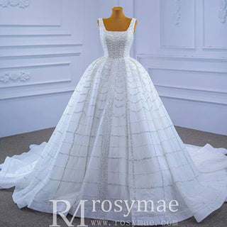 Square Neck Beaded Luxury Ball Gown Puffy Wedding Dress