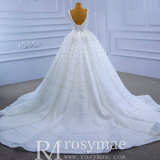 Square Neck Beaded Luxury Ball Gown Puffy Wedding Dress