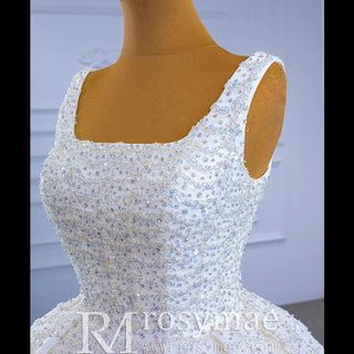 Square Neck Beaded Luxury Ball Gown Puffy Wedding Dress