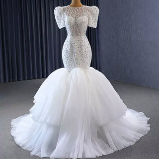 Beaded Mermaid Wedding Dress Puffed Short Sleeve Bridal Dress
