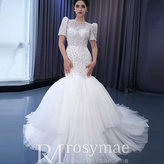 Beaded Mermaid Wedding Dress Puffed Short Sleeve Bridal Dress