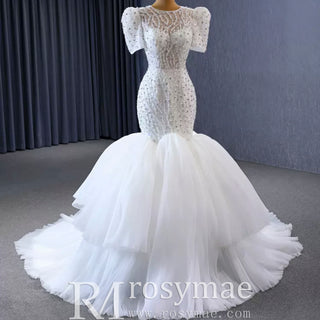 Beaded Mermaid Wedding Dress Puffed Short Sleeve Bridal Dress