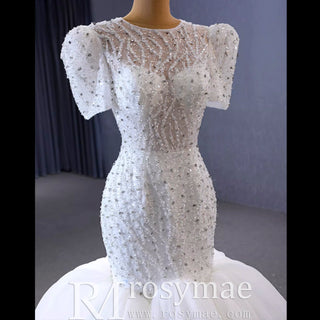 Beaded Mermaid Wedding Dress Puffed Short Sleeve Bridal Dress