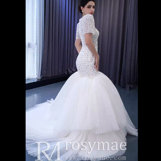 Beaded Mermaid Wedding Dress Puffed Short Sleeve Bridal Dress