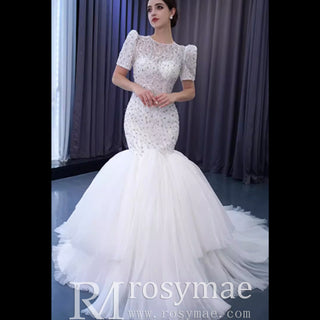 Beaded Mermaid Wedding Dress Puffed Short Sleeve Bridal Dress