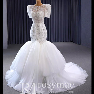 Beaded Mermaid Wedding Dress Puffed Short Sleeve Bridal Dress