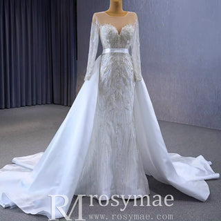Elegant 2 in 1 Detachable Tulle Mermaid Wedding Dress with O-neck