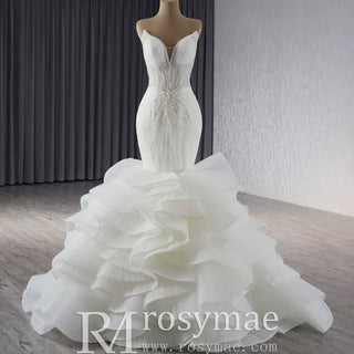 Strapless Organza Trumpet Ruffle Wedding Dress with Vneck