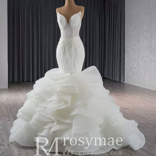 Strapless Organza Trumpet Ruffle Wedding Dress with Vneck