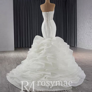 Strapless Organza Trumpet Ruffle Wedding Dress with Vneck