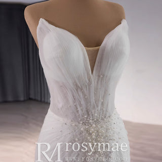 Strapless Organza Trumpet Ruffle Wedding Dress with Vneck