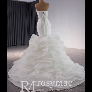 Strapless Organza Trumpet Ruffle Wedding Dress with Vneck