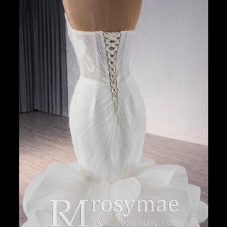 Strapless Organza Trumpet Ruffle Wedding Dress with Vneck