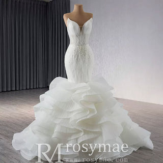 Strapless Organza Trumpet Ruffle Wedding Dress with Vneck