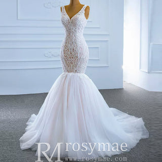 V-neck Blush Mermaid Wedding Dress Lace Bridal Dress with Low Back