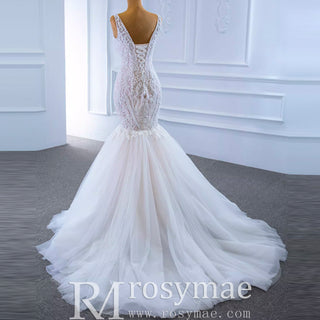 Robe de mariée sirène blush à col en V Robe de mariée en dentelle avec dos bas