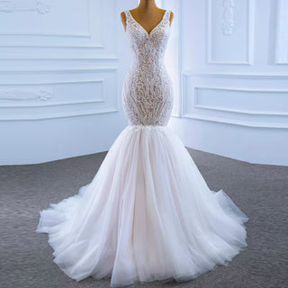 Robe de mariée sirène blush à col en V Robe de mariée en dentelle avec dos bas