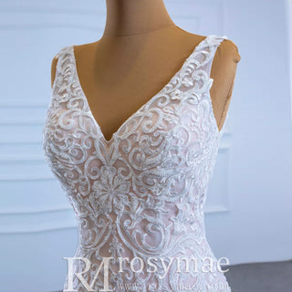 V-neck Blush Mermaid Wedding Dress Lace Bridal Dress with Low Back