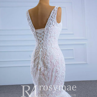 V-neck Blush Mermaid Wedding Dress Lace Bridal Dress with Low Back