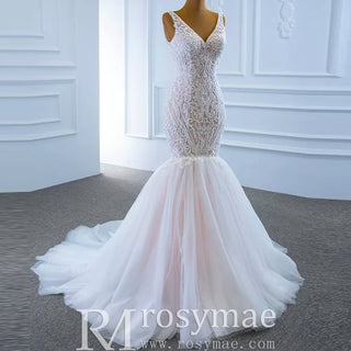 V-neck Blush Mermaid Wedding Dress Lace Bridal Dress with Low Back