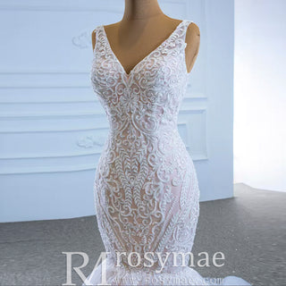 V-neck Blush Mermaid Wedding Dress Lace Bridal Dress with Low Back