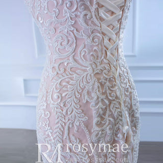 Robe de mariée sirène blush à col en V Robe de mariée en dentelle avec dos bas