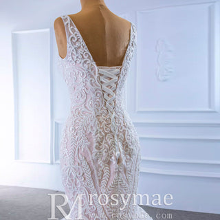 V-neck Blush Mermaid Wedding Dress Lace Bridal Dress with Low Back