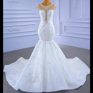 Luxury Cap Sleeve Beaded Trumpet Sparkly Wedding Dress