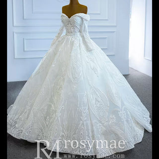 Ball Gown Lace Wedding Dresses with Off the Shoulder Long Sleeves