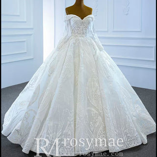 Ball Gown Lace Wedding Dresses with Off the Shoulder Long Sleeves