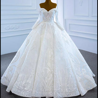 Ball Gown Lace Wedding Dresses with Off the Shoulder Long Sleeves