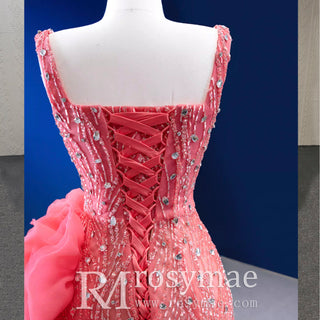 Beaded Hot Pink Ruffled Mermaid Evening Dress Square Neck Prom Gown