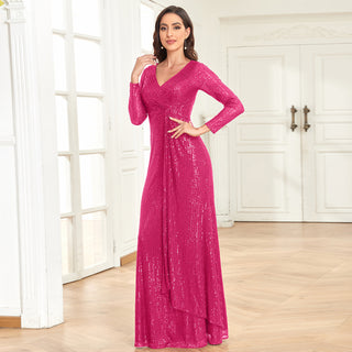 Long Sleeve V-Neck Fit Maxi Formal Gown Evening Dress For Women