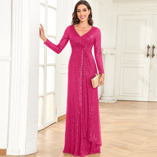 Long Sleeve V-Neck Fit Maxi Formal Gown Evening Dress For Women