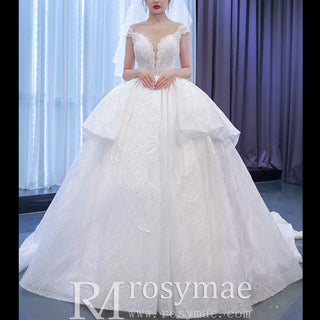 Modest Lace Ruffle Ball Gown Wedding Dress with Cap Sleeve