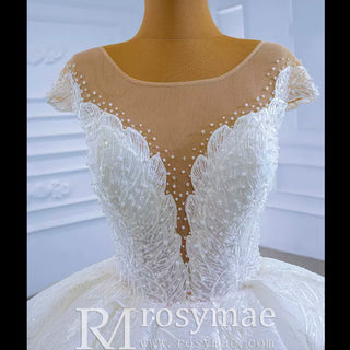 Modest Lace Ruffle Ball Gown Wedding Dress with Cap Sleeve