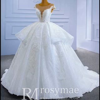 Modest Lace Ruffle Ball Gown Wedding Dress with Cap Sleeve