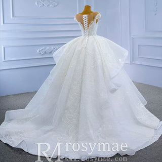 Modest Lace Ruffle Ball Gown Wedding Dress with Cap Sleeve