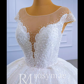 Modest Lace Ruffle Ball Gown Wedding Dress with Cap Sleeve