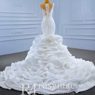 Gorgeous Cascading Ruffles Trumpet Wedding Dress with Sheer Neck