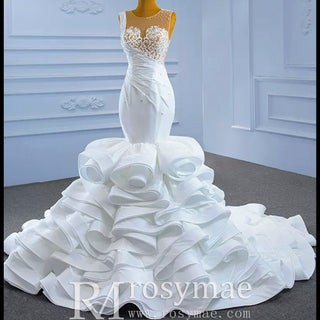 Gorgeous Cascading Ruffles Trumpet Wedding Dress with Sheer Neck