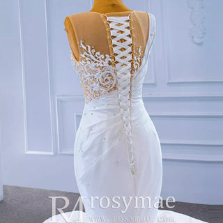 Gorgeous Cascading Ruffles Trumpet Wedding Dress with Sheer Neck