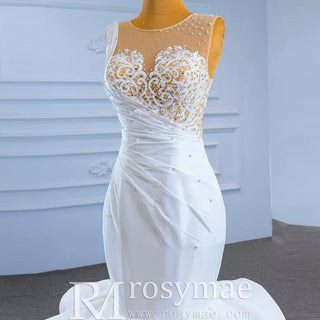 Gorgeous Cascading Ruffles Trumpet Wedding Dress with Sheer Neck