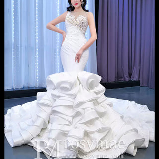 Gorgeous Cascading Ruffles Trumpet Wedding Dress with Sheer Neck