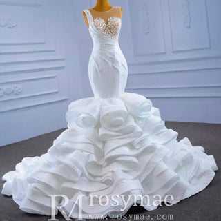 Gorgeous Cascading Ruffles Trumpet Wedding Dress with Sheer Neck