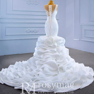 Gorgeous Cascading Ruffles Trumpet Wedding Dress with Sheer Neck