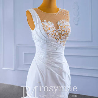 Gorgeous Cascading Ruffles Trumpet Wedding Dress with Sheer Neck